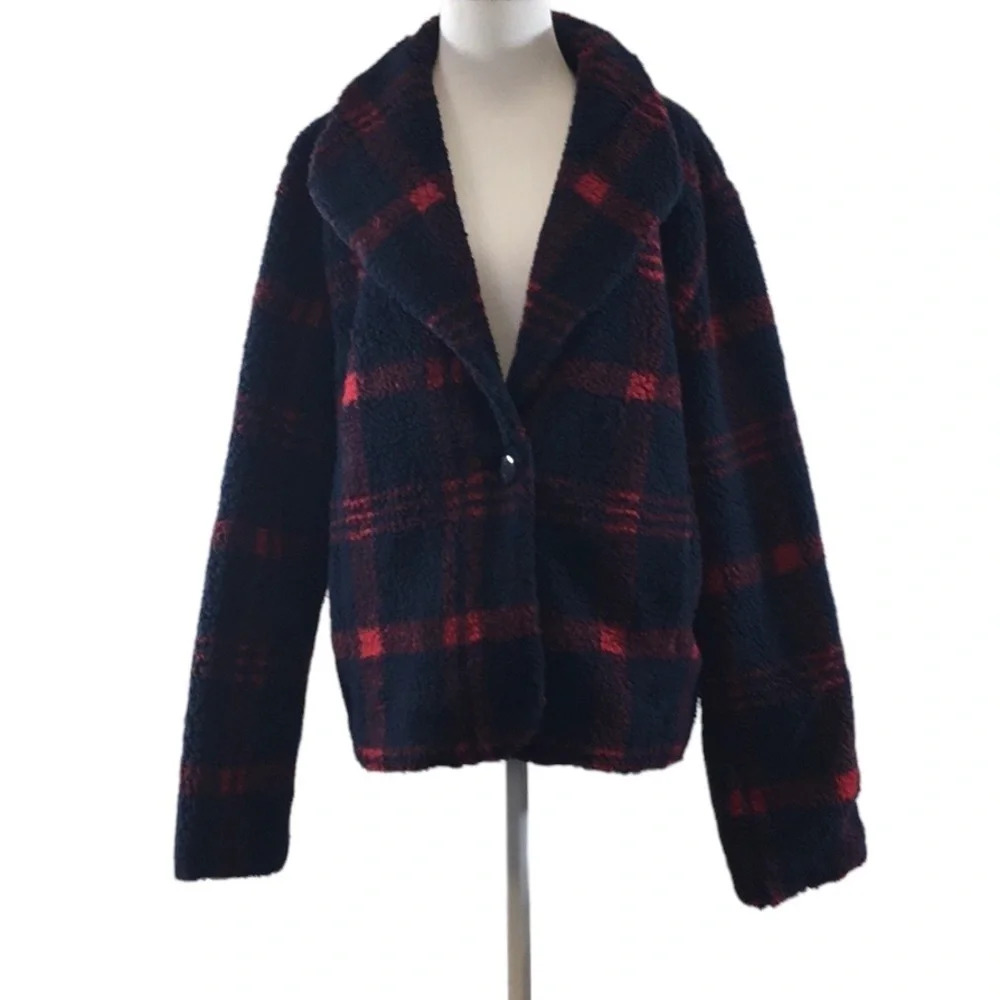 Sanctuary Red Blue‎ Plaid Faux Sherpa Teddy Jacket Womens XL One Button Front